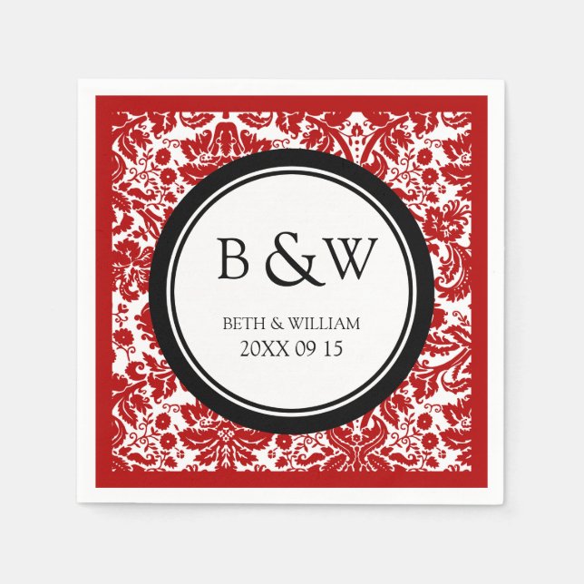 Servilleta De Papel Personalizado Monograma Boda Napkin Damasco Rojo N (Anverso)