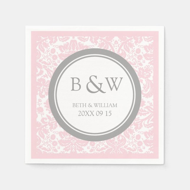 Servilleta De Papel Personalizado Monograma Boda Napkin Damasco rosa (Anverso)