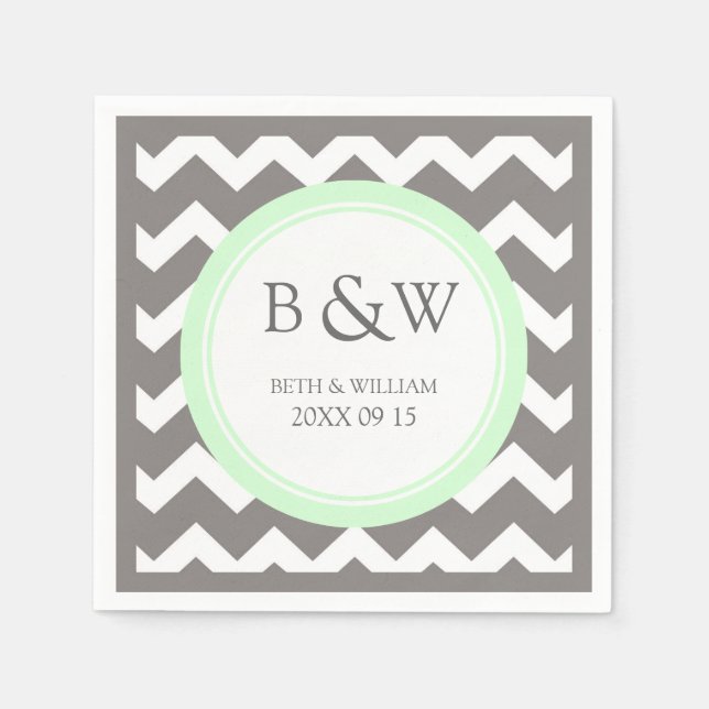 Servilleta De Papel Personalizado Monograma Boda Napkin Mint Gray Chev (Anverso)