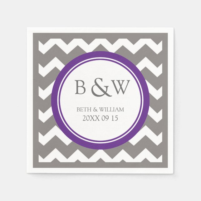 Servilleta De Papel Personalizado Monograma Boda Napkin Plum Gray Chev (Anverso)