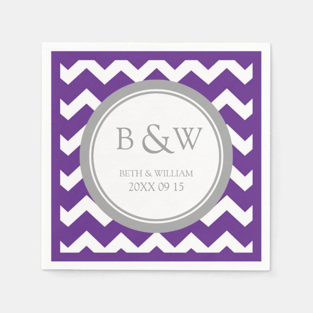 Servilleta De Papel Personalizado Monograma Boda Napkin Plum Gray Chev (Anverso)