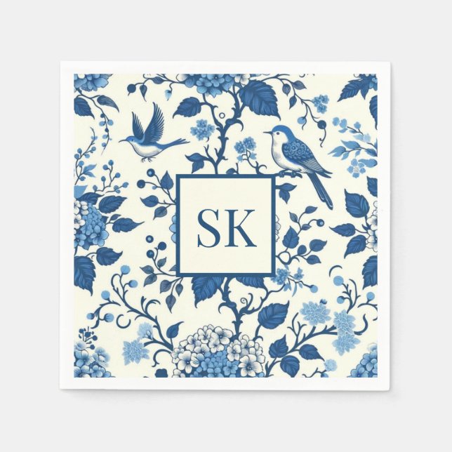 Servilleta De Papel Personalizado Monograma Chinoiserie Azul y Blanco (Anverso)