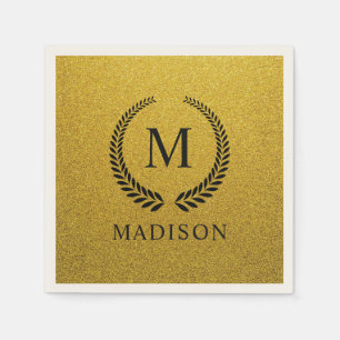 Servilleta De Papel Personalizado Monograma Negro y Dorado Brillante