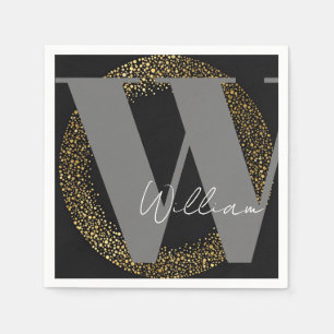 Servilleta De Papel personalizado Monograma nombre oro gris negro eleg