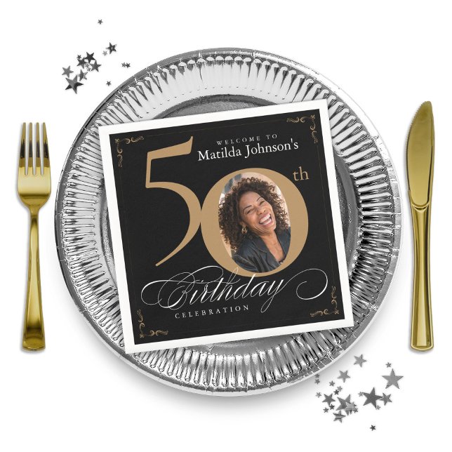 Servilleta De Papel Personalizado negro de oro foto 50 cumpleaños (50th Birthday Gold Black Calligraphy Custom Photo Napkins)