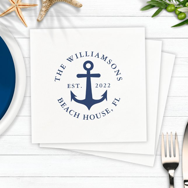 Servilleta De Papel Personalizado Nombre de familia Anclaje azul de la (Nautical Napkins with Navy Blue Anchor with Custom Text)