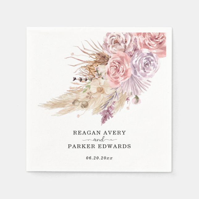Servilleta De Papel Personalizado Pampas Grass Floral Purple Boda (Anverso)