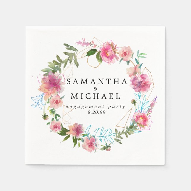 Servilleta De Papel Personalizado Pink Floral & Gold Engagement Party (Anverso)