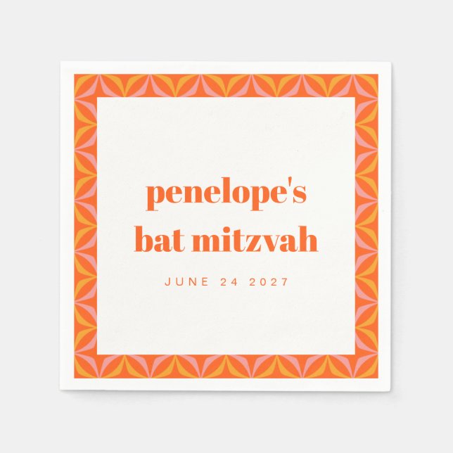 Servilleta De Papel Personalizado Retro Naranja brillante Bat Mitzvah (Anverso)