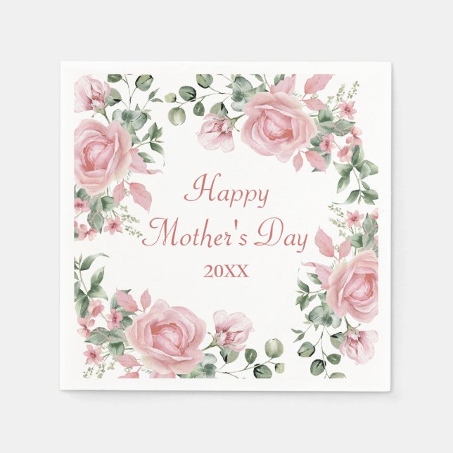 Servilleta De Papel Personalizado Rosa Floral Feliz Día de la Madre (Anverso)