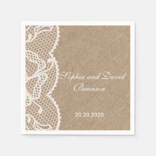 Servilleta De Papel Personalizado Rústico Burlap y Boda de encaje (Anverso)