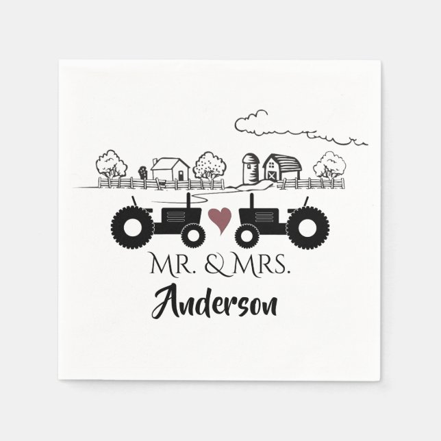 Servilleta De Papel Personalizado Sr. y Sra. Tractor Couple Farm LOVE (Anverso)
