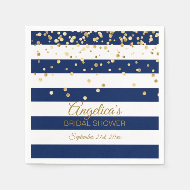 Servilleta De Papel Personalizado Stripes Navy Blue Gold Bridal Shower (Anverso)
