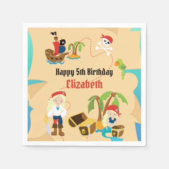 Servilleta De Papel Personalizado Treasure Map Chica Pirate Birthday P (Anverso)