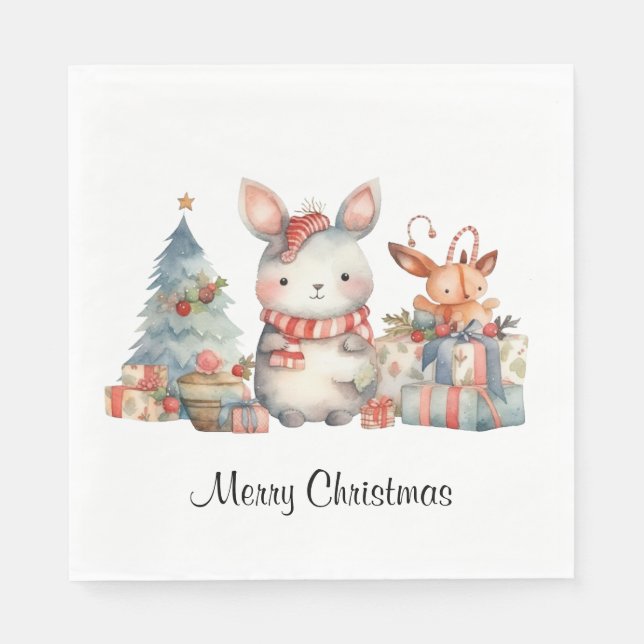 Servilleta De Papel Personalizado Woodland Bunny Rabbit Navidad Waterc (Anverso)