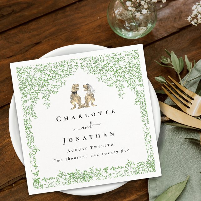 Servilleta De Papel Personalized Dinosaur Wedding (Personalized dinosaur T-Rex bride and groom wedding napkins Watercolor Jurassic eucalyptus foliage)