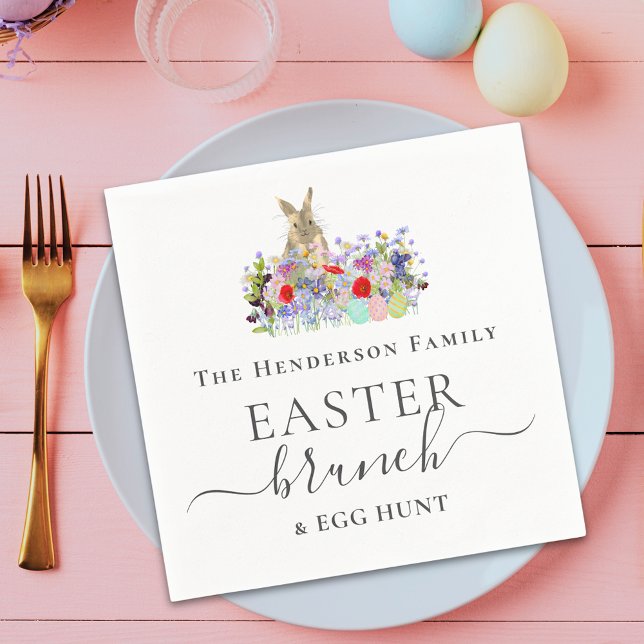 Servilleta De Papel Personalized Easter Brunch and Egg Hunt Bunny (Elegant script Easter brunch and egg hunt cute bunny spring garden party custom napkins)