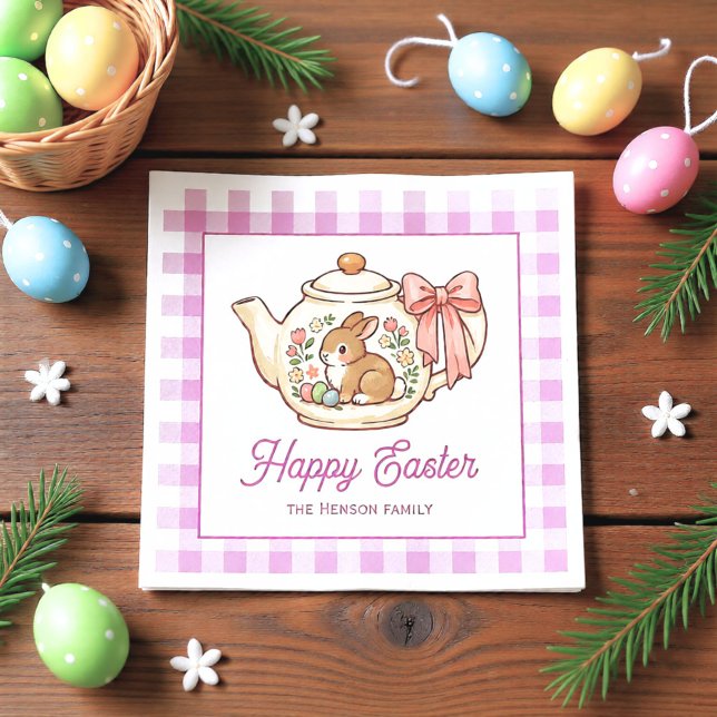 Servilleta De Papel Personalized Easter Bunny Teapot Gingham Family (Subido por el creador)