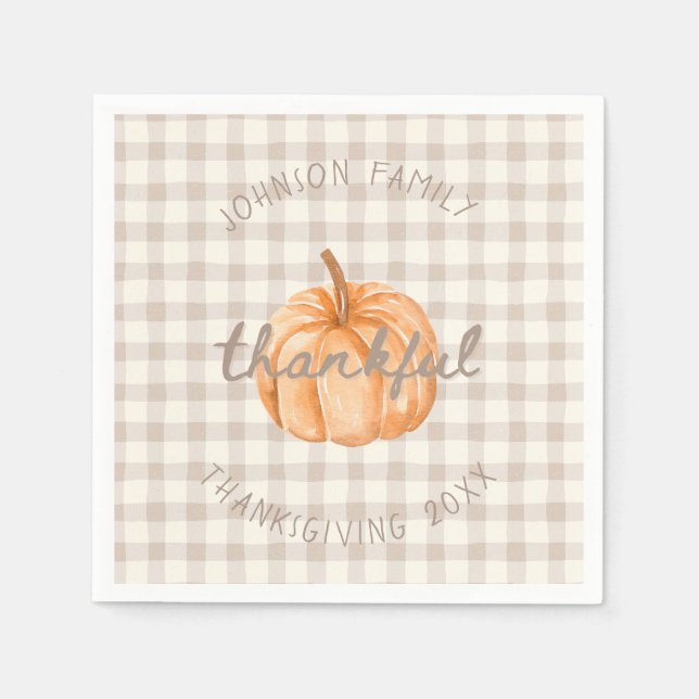 Servilleta De Papel Personalized Family Name Thankful Neutral Gingham  (Anverso)