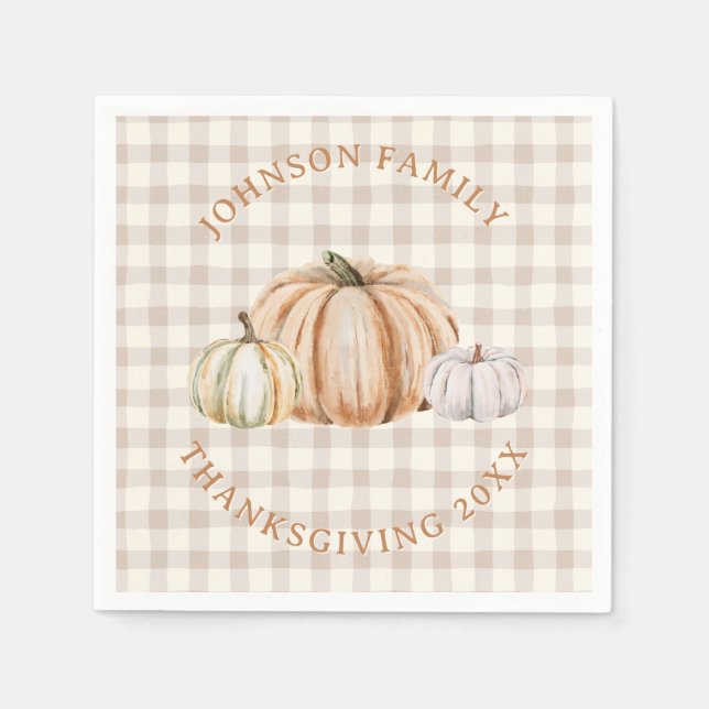 Servilleta De Papel Personalized Family Name Thankful Neutral Gingham (Anverso)