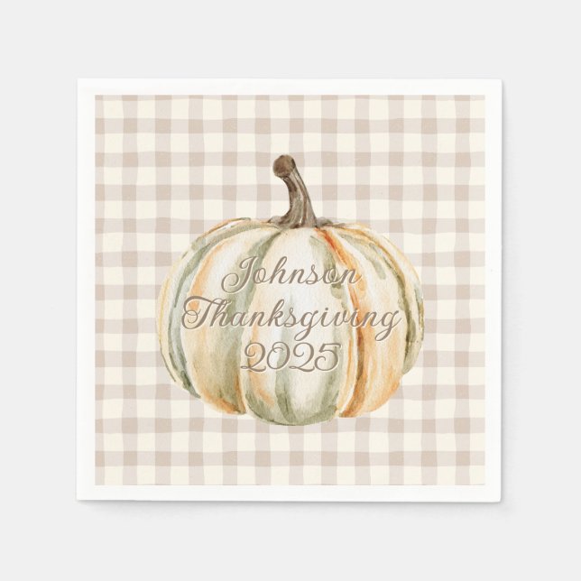 Servilleta De Papel Personalized Family Thanksgiving Neutral Gingham  (Anverso)