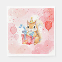 Servilleta De Papel Personalized Girl's Birthday Squirrel Pink and Red