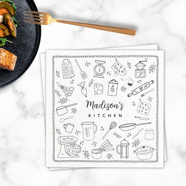 Servilleta De Papel Personalized Hand Drawn Kitchen Cooking Utensils (In situ)