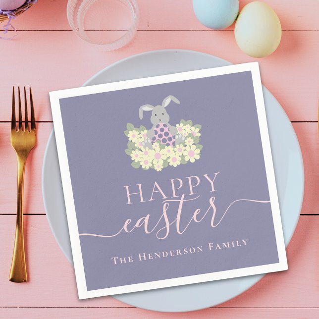 Servilleta De Papel Personalized Happy Easter Cute Bunny Floral Purple (Personalized happy easter bunny floral purple pink napkins)