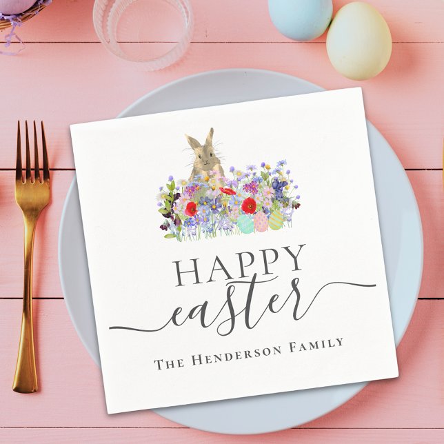 Servilleta De Papel Personalized Happy Easter Cute Bunny Wildflower (Personalized happy Easter cute bunny wildflower floral spring party napkin)