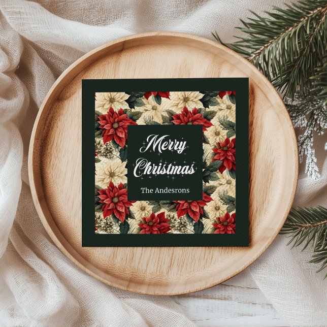 Servilleta De Papel Personalized Holiday Napkins Red Poinsettia Print (Vintage Poinsettia Napkins Classic Red Green Style)