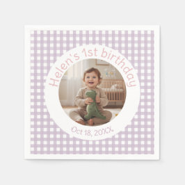 Servilleta De Papel Personalized Lavender Gingham Birthday Photo