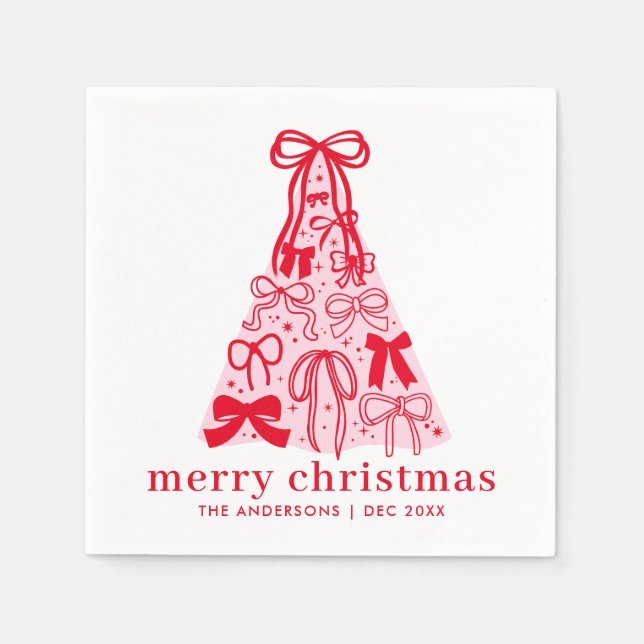 Servilleta De Papel Personalized Modern Pink Red Bows Christmas  (Anverso)