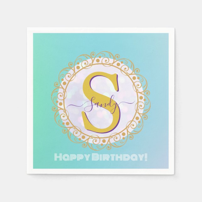 Servilleta De Papel Personalized Monogram Mandala Gold and Blue (Anverso)