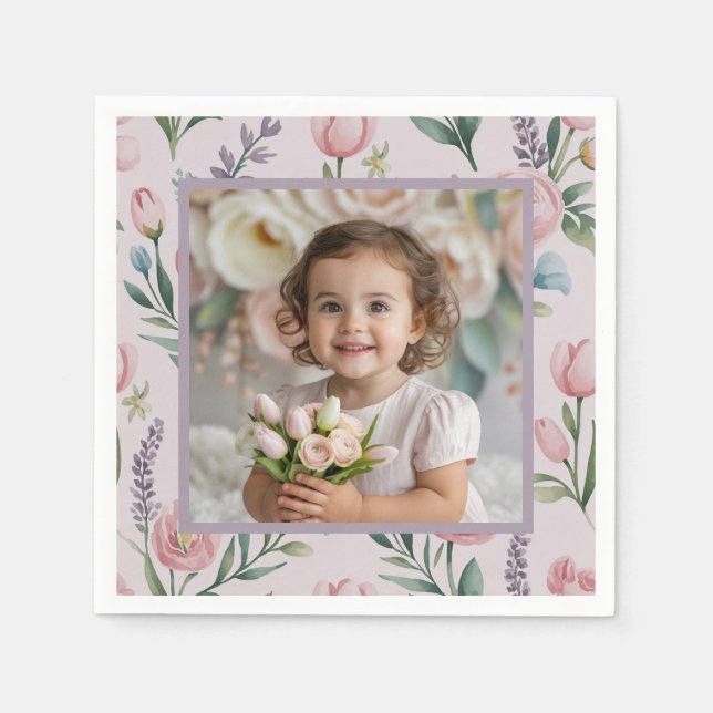 Servilleta De Papel Personalized Pastel Floral Photo Birthday Girl (Anverso)