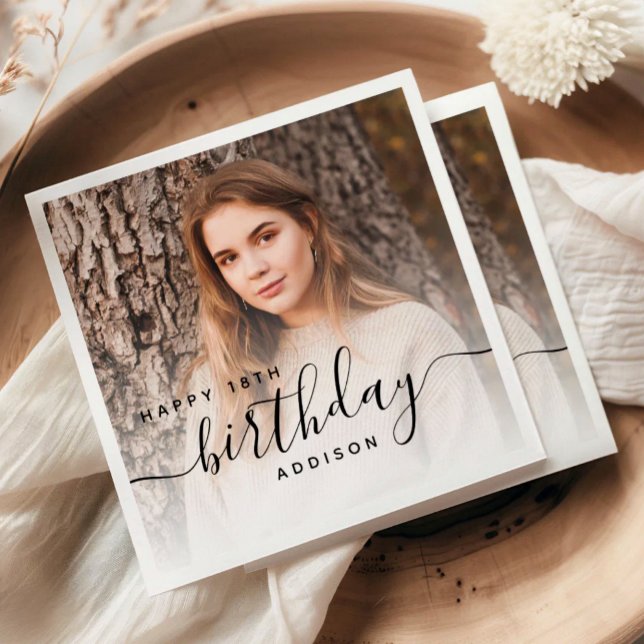 Servilleta De Papel Personalized Photo Black Script 18th Birthday (Subido por el creador)