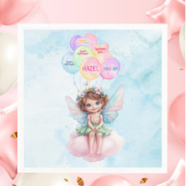 Servilleta De Papel Personalized Pink Fairy on Cloud Birthday Napkin 