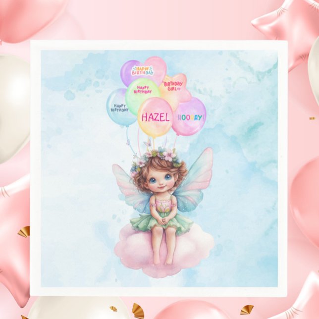 Servilleta De Papel Personalized Pink Fairy on Cloud Birthday Napkin  (Personalized Fairy on a Cloud Birthday Napkin – Pink & Blue Watercolor Party Decor with Balloons

)