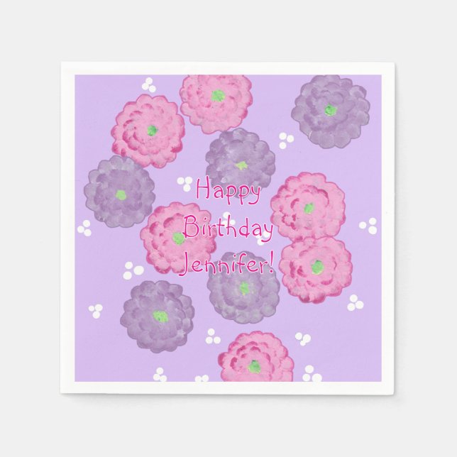Servilleta De Papel Personalized Pink Purple Floral Birthday Napkins (Anverso)