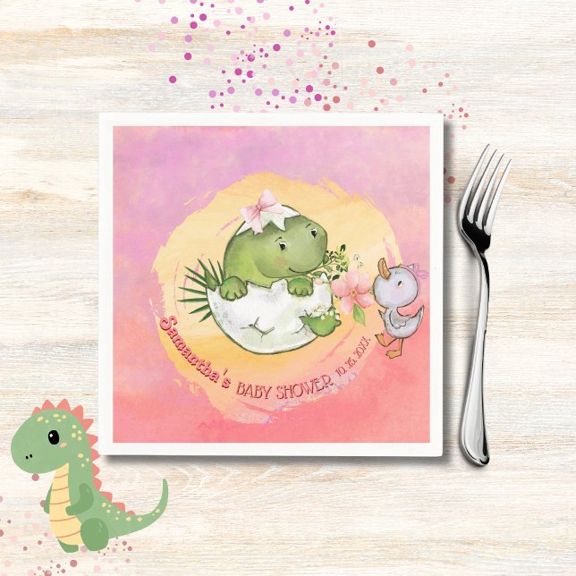 Servilleta De Papel Personalized Round Dino & Duckling Baby Shower  (Personalized Round Dino & Duckling Baby Shower Napkins)