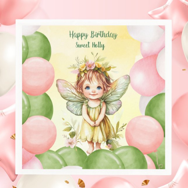 Servilleta De Papel Personalized Sweet Fairy 1st Birthday Napkins (Personalized Sweet Fairy 1st Birthday Napkin | Pastel Pink & Green Balloons)