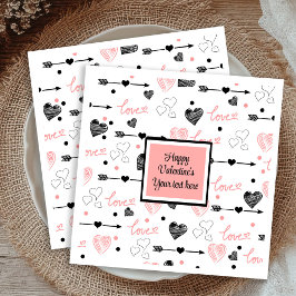 Servilleta De Papel Personalized Valentine Pink Black Hearts Sketch 