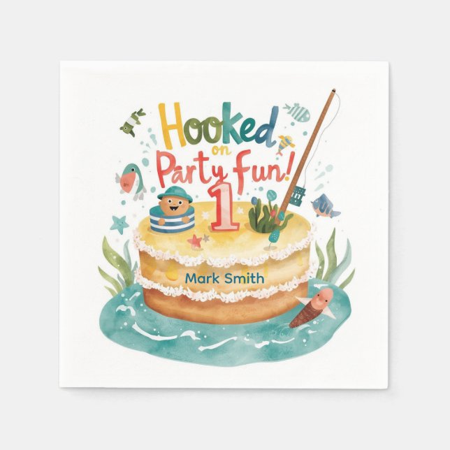 Servilleta De Papel Pesca Fiesta del primer cumpleaños con decoración  (Anverso)