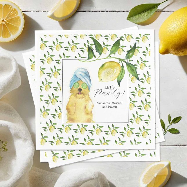 Servilleta De Papel Pet Portrait Lemon Cocktail Napkins (Pet portrait cocktail napkins designed with hand painted lemon and morkie poo watercolor art)