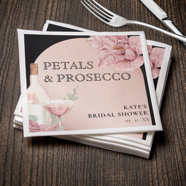Servilleta De Papel Pétalos y Prosecco Ducha de Novias de Oro Negro y  (Petals & Prosecco Black & Rose Gold Bridal Shower Napkins
)