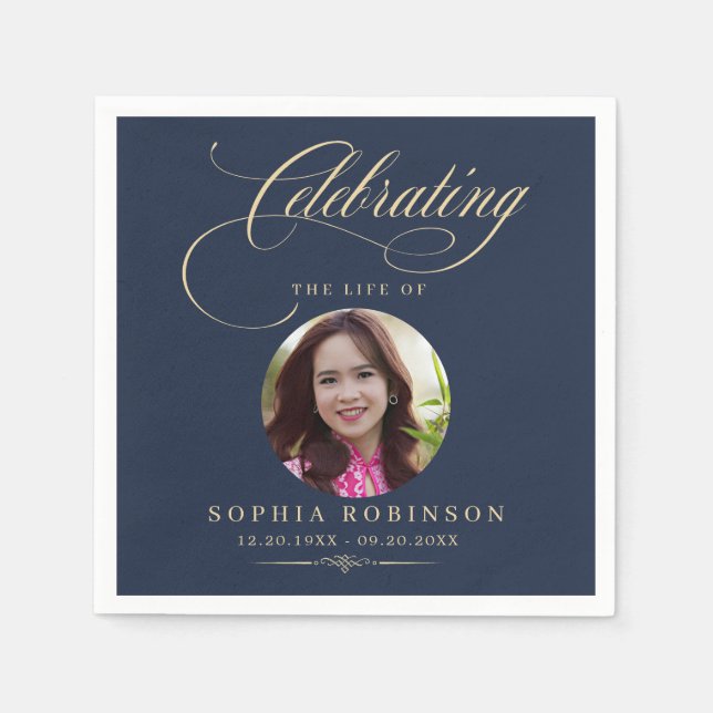 Servilleta De Papel Photo Elegant Blue Gold Script Funeral Memorial  (Anverso)