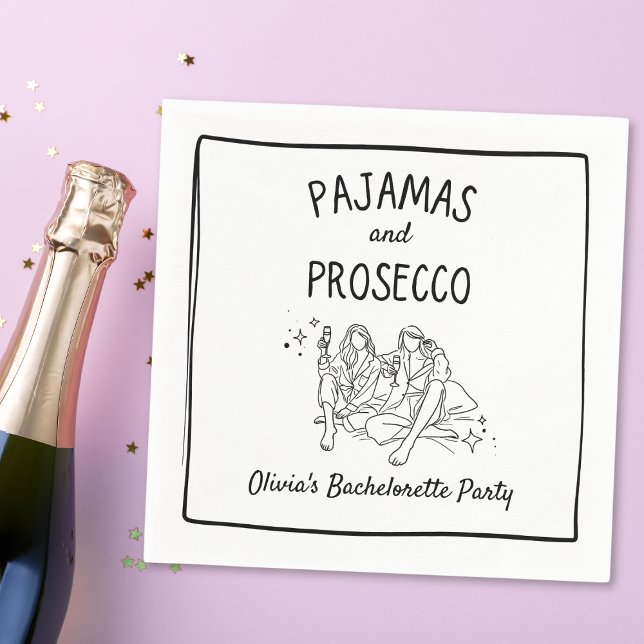 Servilleta De Papel Pijamas y Prosecco Fiesta de Despedida de Soltera  (Elevate your bachelorette soirée with our whimsical & chic 'Pajamas and Prosecco' custom napkins.)