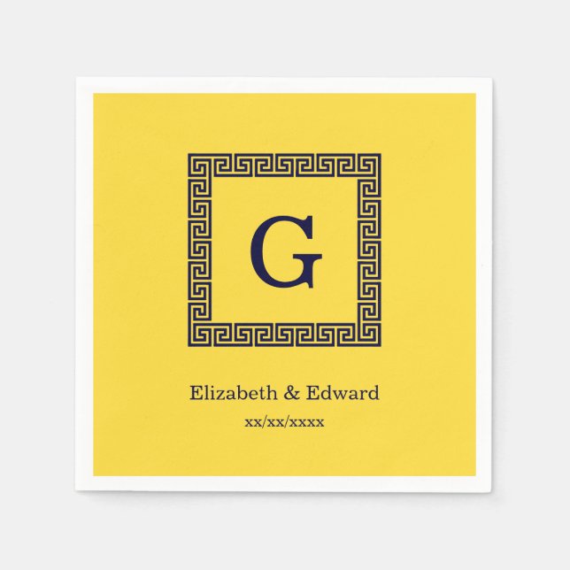 Servilleta De Papel Piña, llave griega azul de la marina #1 monograma  (Anverso)