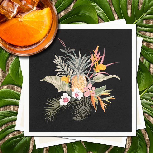 Servilleta De Papel Piña tropical Hibiscus Foliage en negro (Tropical Pineapple Hibiscus Foliage on Black Napkins)