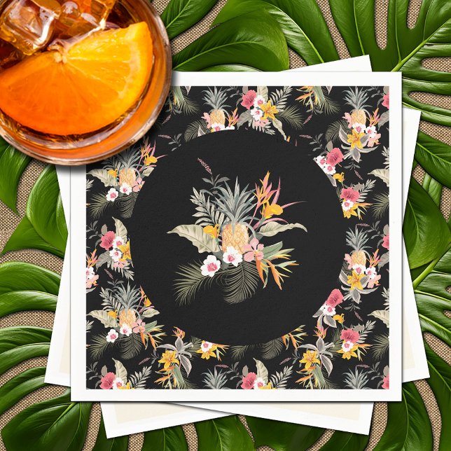 Servilleta De Papel Piña tropical Hibiscus Foliage en negro (Tropical Pineapple Hibiscus Foliage on Black Napkins)