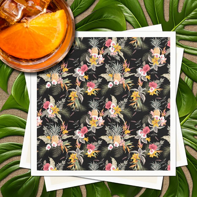 Servilleta De Papel Piña tropical Hibiscus Foliage en negro (Tropical Pineapple Hibiscus Foliage on Black Napkins)